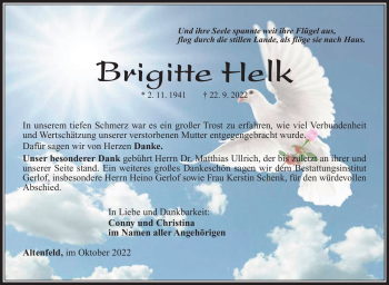 Traueranzeige von Brigitte Helk von Südthüringer Presse