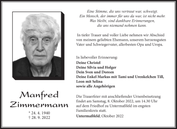 Traueranzeige von Manfred Zimmermann von Südthüringer Presse