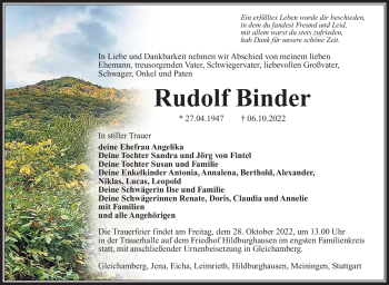 Traueranzeige von Rudolf Binder von Südthüringer Presse