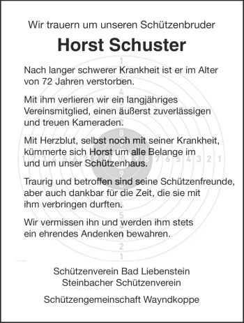 Traueranzeige von Horst Schuster von Südthüringer Presse