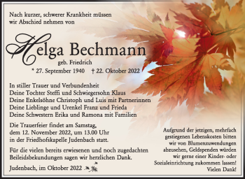 Traueranzeige von Helga Bechmann von Südthüringer Presse