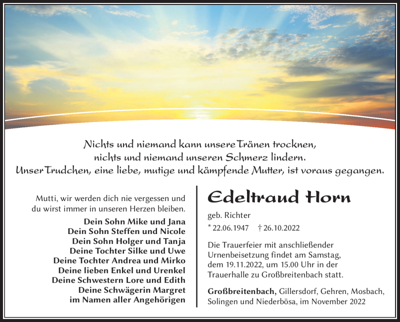  Traueranzeige für Edeltraud Horn vom 05.11.2022 aus Südthüringer Presse