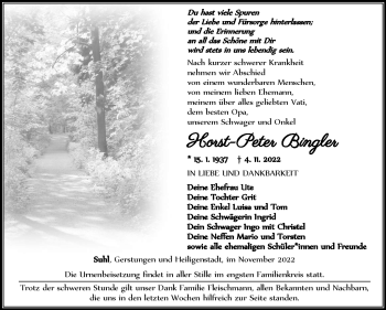 Traueranzeige von Horst-Peter Bingler von Südthüringer Presse