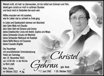 Traueranzeige von Christel Gehrau von Südthüringer Presse