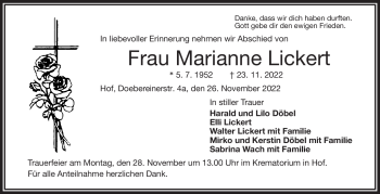 Traueranzeige von Marianne Lickert von Frankenpost