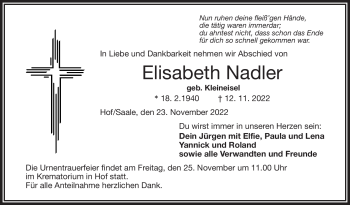 Traueranzeige von Elisabeth Nadler von Frankenpost