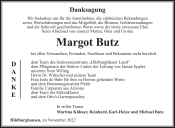 Traueranzeige von Margot Butz von Südthüringer Presse