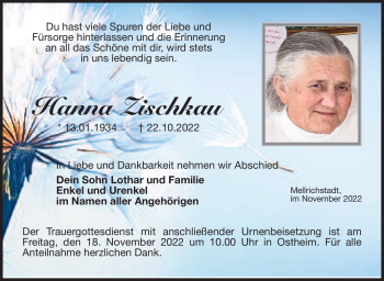Traueranzeige von Hanna Zischkau von Südthüringer Presse