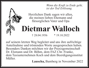 Traueranzeige von Dietmar Walloch von Südthüringer Presse