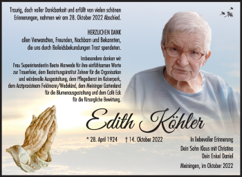 Traueranzeige von Edith Köhler von Südthüringer Presse