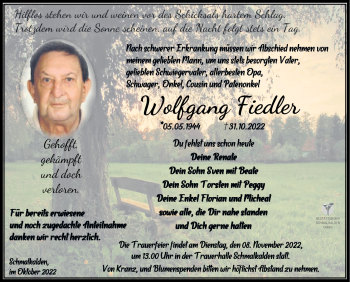 Traueranzeige von Wolfgang Fiedler von Südthüringer Presse