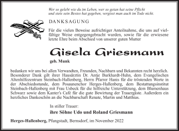 Traueranzeige von Gisela Griesmann von Südthüringer Presse