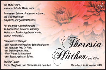 Traueranzeige von Theresia Hüther von Südthüringer Presse