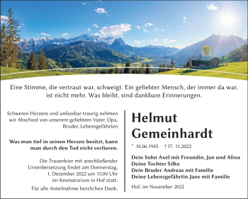 Traueranzeige von Helmut Gemeinhardt von Frankenpost