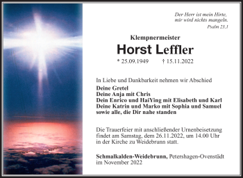 Traueranzeige von Horst Leffler von Südthüringer Presse