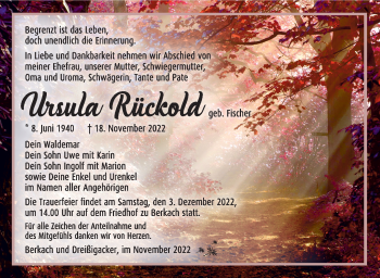 Traueranzeige von Ursula Rückold von Südthüringer Presse