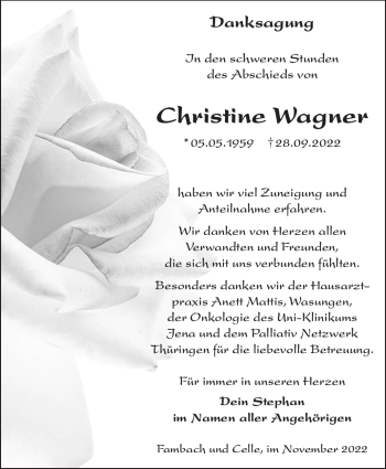 Traueranzeige von Christine Wagner von Südthüringer Presse