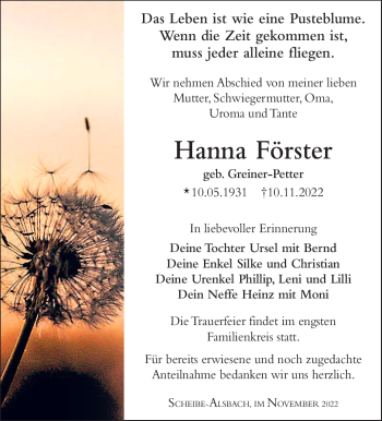 Traueranzeige von Hanna Förster von Südthüringer Presse