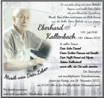 Traueranzeige von Eberhard Kallenbach von Südthüringer Presse