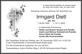 Traueranzeige von Irmgard Dietl von Frankenpost