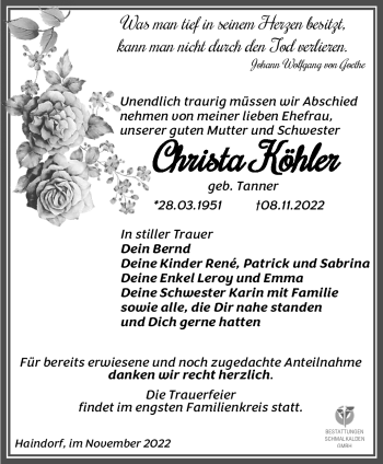 Traueranzeige von Christa Köhler von Südthüringer Presse