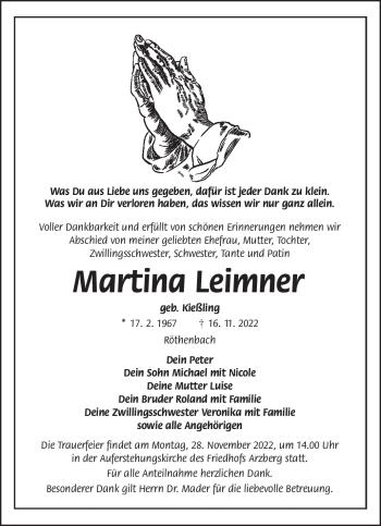 Traueranzeige von Martina Leimner von Frankenpost