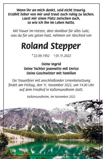 Traueranzeige von Roland Stepper von Südthüringer Presse