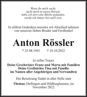 Traueranzeige von Anton Rössler von Südthüringer Presse