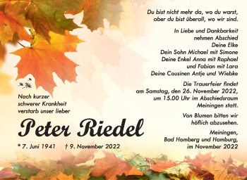 Traueranzeige von Peter Riedel von Südthüringer Presse