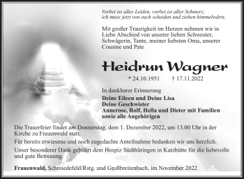 Traueranzeige von Heidrun Wagner von Südthüringer Presse