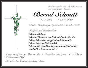 Traueranzeige von Bernd Schmitt von Frankenpost