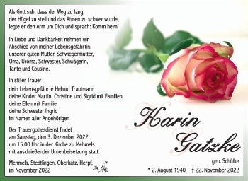 Traueranzeige von Karin Gatzke von Südthüringer Presse
