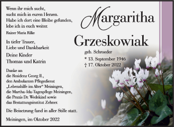 Traueranzeige von Margaritha Grzeskowiak von Südthüringer Presse
