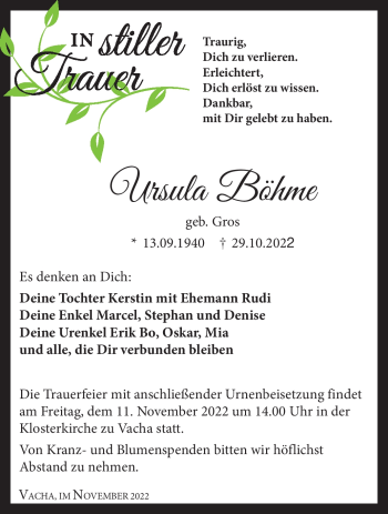 Traueranzeige von Ursula Böhme von Südthüringer Presse