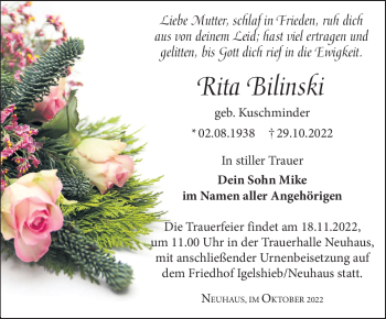 Traueranzeige von Rita Bilinski von Südthüringer Presse
