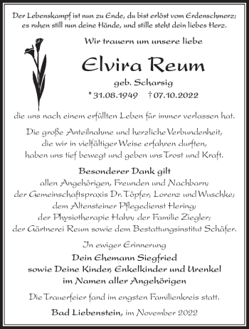 Traueranzeige von Elvira Reum von Südthüringer Presse