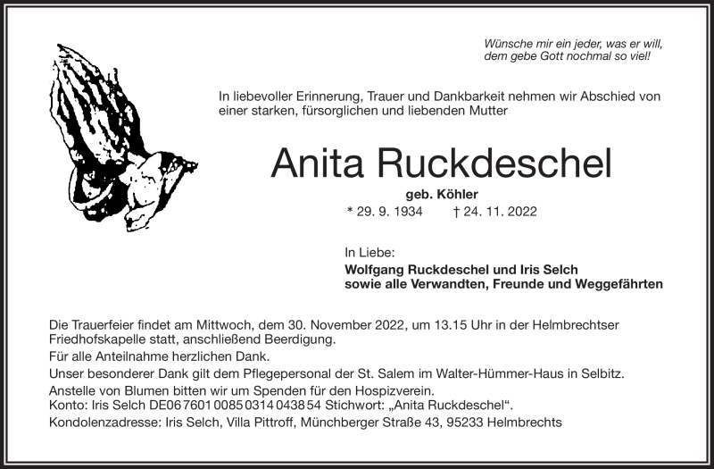  Traueranzeige für Annita Ruckdeschel vom 26.11.2022 aus Frankenpost