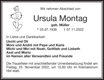 Traueranzeige von Ursula Montag von Frankenpost