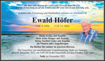 Traueranzeige von Ewald Höfer von Südthüringer Presse