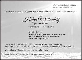 Traueranzeige von Helga Wallendorf von Südthüringer Presse