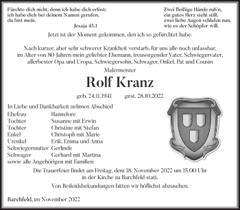 Traueranzeige von Rolf Kranz von Südthüringer Presse