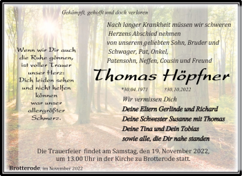 Traueranzeige von Thomas Höpfner von Südthüringer Presse