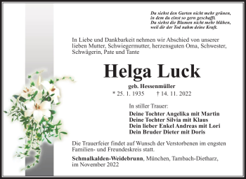 Traueranzeige von Helga Luck von Südthüringer Presse