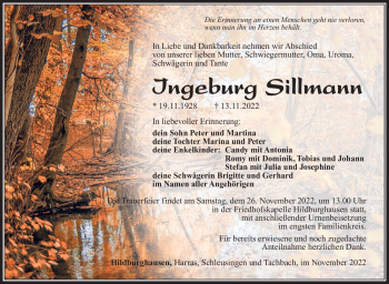 Traueranzeige von Ingeburg Sillmann von Südthüringer Presse