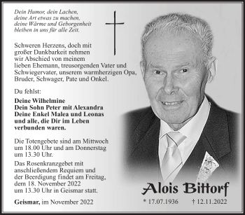 Traueranzeige von Alois Bittorf von Südthüringer Presse