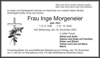 Traueranzeige von Inge Morgeneier von Frankenpost