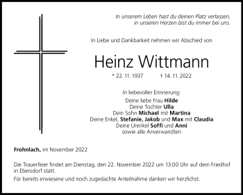 Traueranzeige von Heinz Wittmann von Neue Presse Coburg