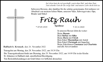 Traueranzeige von Fritz Rauh von Neue Presse Coburg
