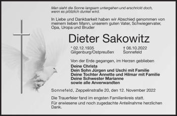 Traueranzeige von Dieter Sakowitz von Neue Presse Coburg
