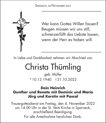 Traueranzeige von Christa Thümling von Frankenpost